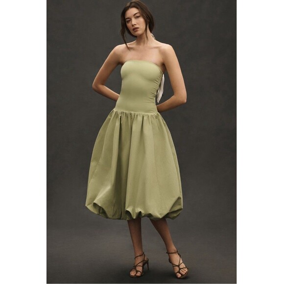 Anthropologie Mare Mare Strapless Drop Waist Bubble Midi Dress Sz XXS Green - Picture 4 of 9